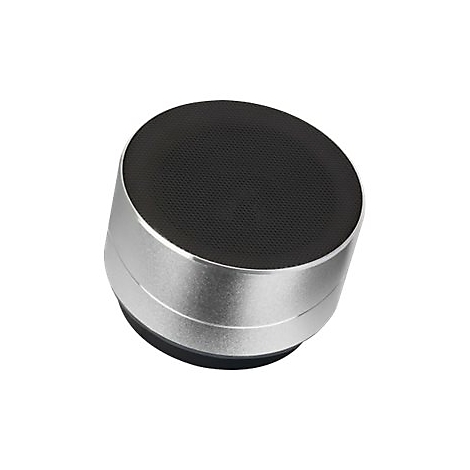 Kompakter, zylindrischer Bluetooth-Lautsprecher mit silbernem Metallgehäuse und schwarzer Lautsprecherabdeckung oben.