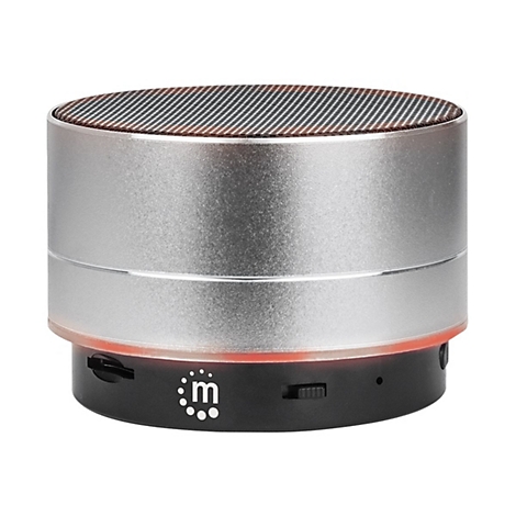 Runder, silberner Bluetooth-Lautsprecher mit schwarzer Basis und weißem Logo auf weißem Hintergrund.
