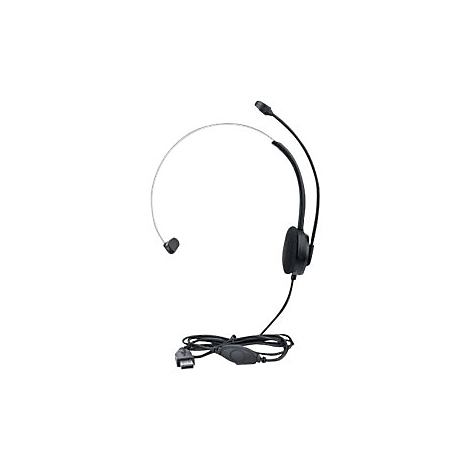 Schwarzes Headset mit BÃ¼gel und Mikrofon, an dem ein Kabel befestigt ist. Vor weiÃŸem Hintergrund.