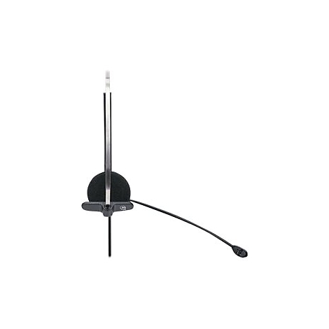 Ein Headset mit Mikrofon: schwarze Ohrmuschel, schwarzer Mikrofonarm, MetallbÃ¼gel, weiÃŸer Hintergrund.