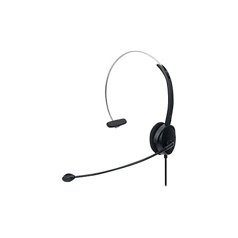 Schwarzes Headset mit BÃ¼gel und Mikrofon. Die Ohrmuschel ist rund, das Mikrofon an einem flexiblen Arm.