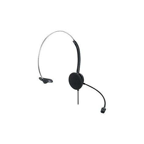 Ein schwarzes Headset mit einem Mikrofon und einem flexiblen BÃ¼gel auf weiÃŸem Hintergrund.