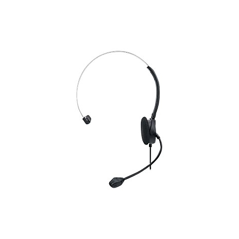 Schwarzes Headset mit BÃ¼gel und Mikrofon. Die Ohrmuschel und das Mikrofon sind mit einem Kabel verbunden.
