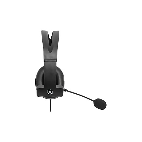 Schwarzes Headset mit gepolsterten Ohrmuscheln und Mikrofonarm vor weißem Hintergrund.