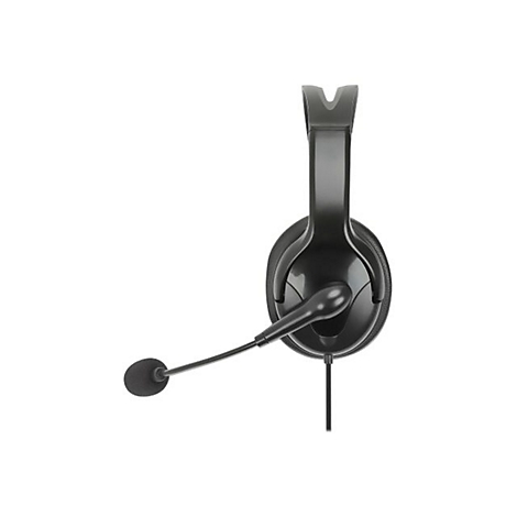 Schwarzes Headset mit Mikrofonarm und Schaumstoff-Windschutz vor weißem Hintergrund.