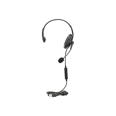 Einseitiges schwarzes USB-Headset mit Kopfbügel, Mikrofonarm und Kabelfernbedienung vor weißem Hintergrund.