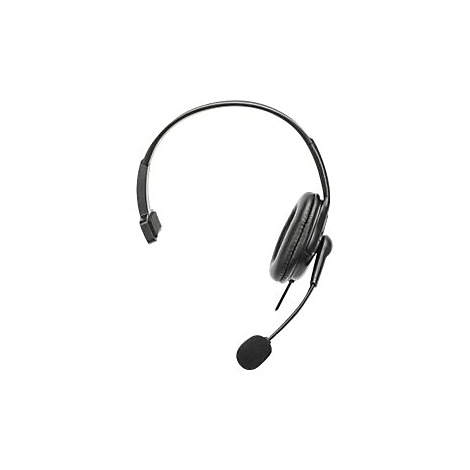 Schwarzes Ein-Ohr-Headset mit verstellbarem Mikrofonbügel vor weißem Hintergrund.