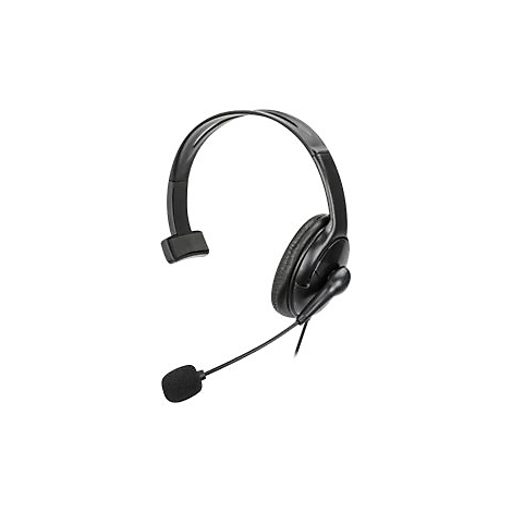 Schwarzes On-Ear-Headset mit einem Ohrpolster, verstellbarem Bügel und einem Mikrofonarm vor weißem Hintergrund.