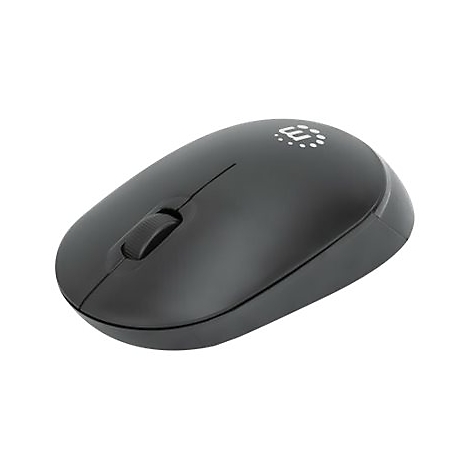 Schwarze kabellose Computermaus mit Mausrad und Markenlogo vor weißem Hintergrund.