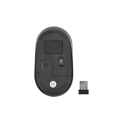 Unterseite einer schwarzen kabellosen Maus mit Batteriefach, Sensor und USB-Empfänger daneben.