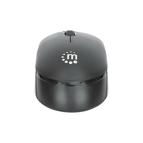 Dunkelgraue, kabellose Computermaus in der Frontalansicht mit weißem Logo auf dem Gehäuse.