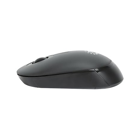 Schwarze kabellose Computermaus in der Seitenansicht vor weißem Hintergrund.