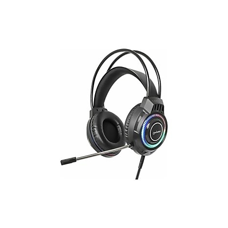 Schwarzes Gaming-Headset mit Mikrofon und farbiger LED-Beleuchtung. Auf weissem Hintergrund.
