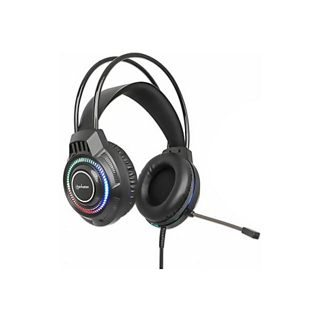 Schwarzes Gaming-Headset mit LED-Beleuchtung, BÃ¼gel und Mikrofon. Auf weiÃŸem Hintergrund.