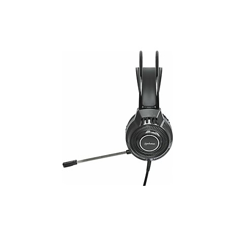 Schwarzes Gaming-Headset mit Mikrofon, Kabel und Logo auf weiÃŸem Hintergrund.
