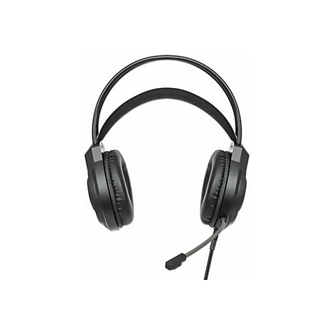 Schwarzes Gaming-Headset mit Mikrofon, auf weiÃŸem Hintergrund.