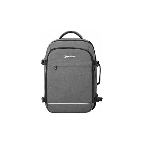 Grauer Manhattan Rucksack mit schwarzen Reißverschlüssen und Tragegriff vor weißem Hintergrund.