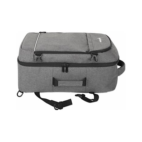 Grauer Rucksack mit schwarzen Details, Tragegriff und Reißverschlüssen vor weißem Hintergrund.