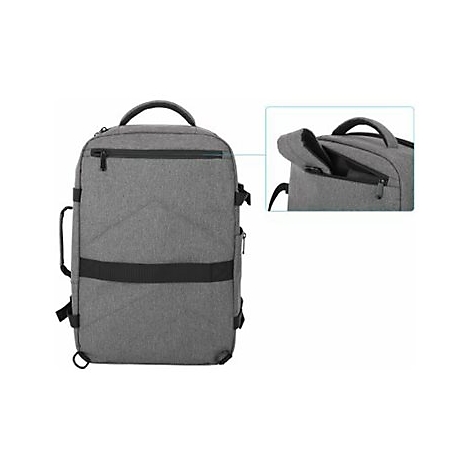 Grauer Rucksack mit Fokus auf ein Detail der Reißverschlusstasche.