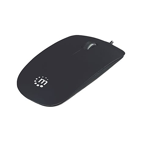 Schwarze Computermaus mit Logo, mittig angeordnetes Scrollrad, Kabelanschluss.