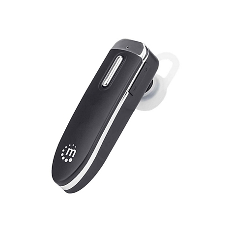 Schwarzes Bluetooth-Headset mit silbernem Akzent und transparentem Ohrstöpsel vor weißem Hintergrund.