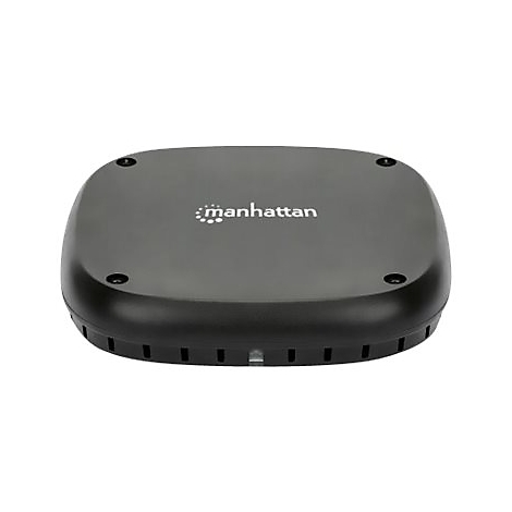 Schwarzer Manhattan Access Point mit abgerundeten Ecken und weißem Logo auf weißem Hintergrund.