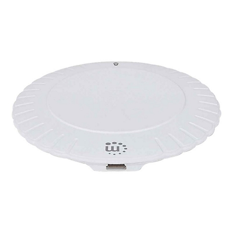 Rundes, weißes kabelloses Ladegerät mit Logo und USB-Anschluss vor weißem Hintergrund.