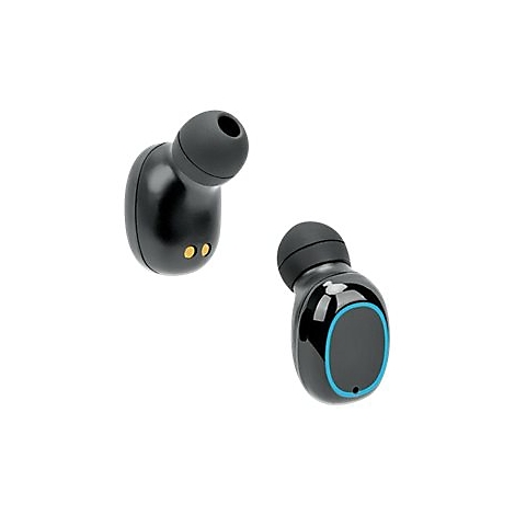 Zwei schwarze In-Ear-Kopfhörer mit blauem Lichtring vor weißem Hintergrund.