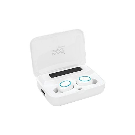 Weiße Bluetooth-Ohrhörer in einer geöffneten Ladebox mit Display auf weißem Hintergrund.