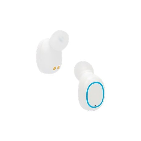 Zwei weiße In-Ear-Kopfhörer mit einem leuchtend blauen Ring auf der Außenseite vor weißem Hintergrund.
