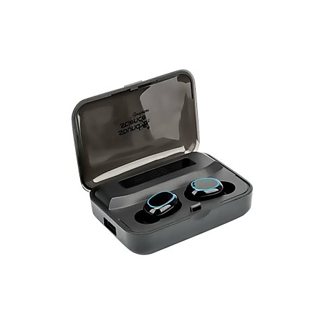 Schwarze kabellose Ohrhörer mit blauem Leuchtring in einem geöffneten, grauen Ladecase mit Logo.
