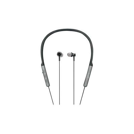 Graue Nackenbügel-Kopfhörer mit In-Ear-Ohrhörern vor weißem Hintergrund.