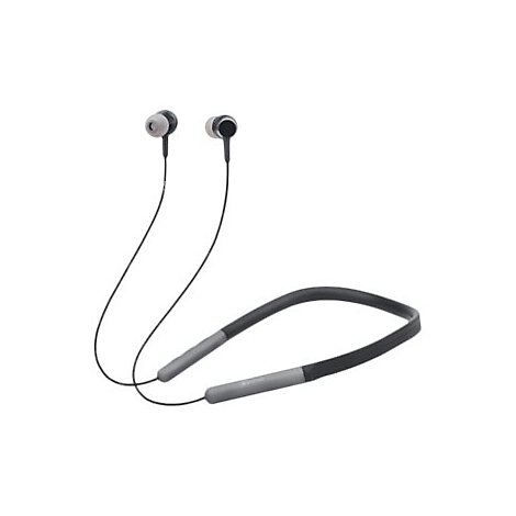 Schwarzer Nackenbügel-Kopfhörer mit In-Ear-Ohrhörern vor weißem Hintergrund.