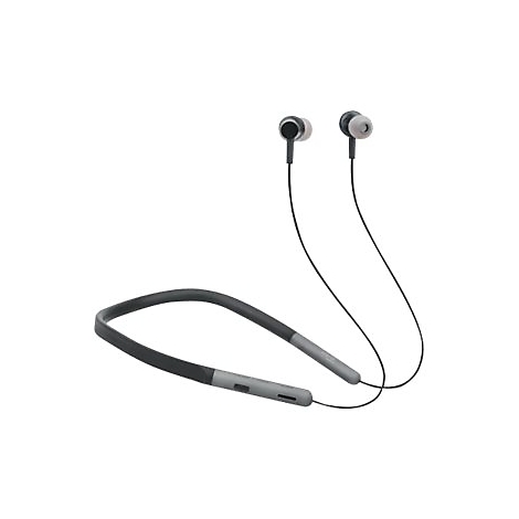 Dunkelgraue In-Ear-Kopfhörer mit Nackenbügel auf weißem Hintergrund.