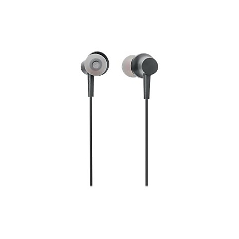 Schwarze In-Ear-Kopfhörer mit Kabel vor weißem Hintergrund.