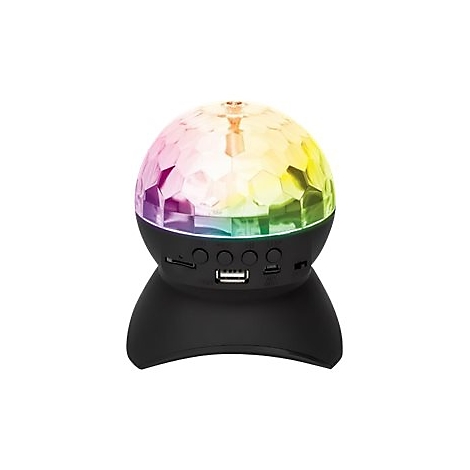 Ein schwarzer Diskokugel-Lautsprecher. Die Kugel leuchtet in Regenbogenfarben, mit Knöpfen und Anschlüssen an der Basis.