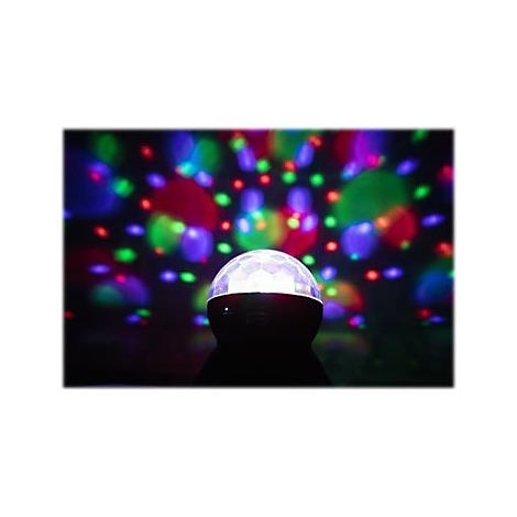 Kugel-Discolicht mit bunten Lichtpunkten vor schwarzem Hintergrund. Die Lichtpunkte sind unscharf und in verschiedenen Farben.