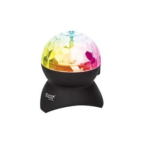Kugelförmige Disco-Kugel mit farbigen Lichteffekten auf schwarzem Sockel. Auf dem Sockel steht 'sound science'.