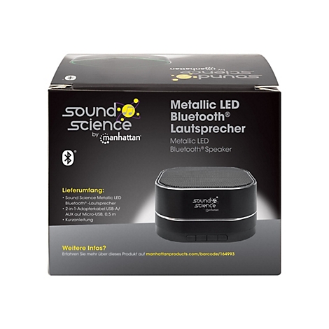 Produktverpackung eines schwarzen Sound Science Metallic LED Bluetooth-Lautsprechers von Manhattan.