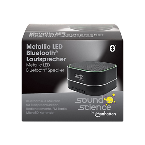Verpackung eines schwarzen, quadratischen Metallic LED Bluetooth-Lautsprechers von Sound Science by Manhattan.