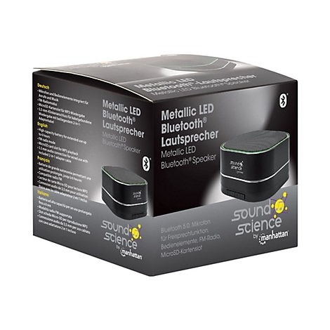 Verpackung eines schwarzen, quadratischen Sound Science Bluetooth-Lautsprechers mit LED-Beleuchtung.