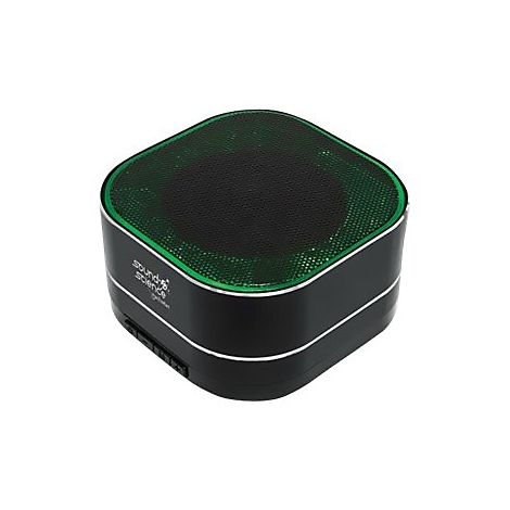 Schwarzer, quadratischer Bluetooth-Lautsprecher mit grünem Lichtring und Sound Science Logo.