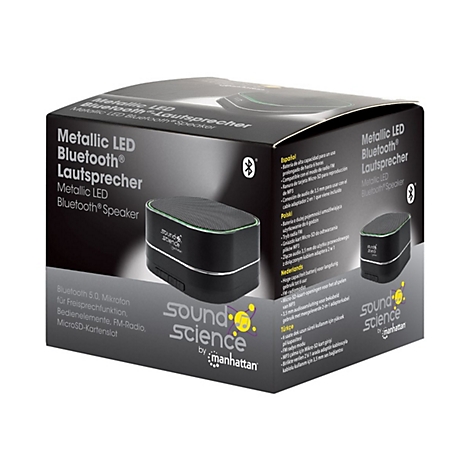 Produktverpackung eines schwarzen, kompakten Metallic LED Bluetooth-Lautsprechers von Sound Science.