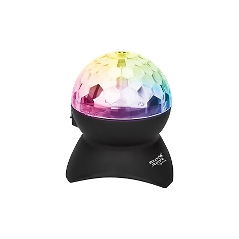 Eine schwarze Disco-Lichtkugel mit facettierter, regenbogenfarbig leuchtender Oberfläche auf einem Standfuß.