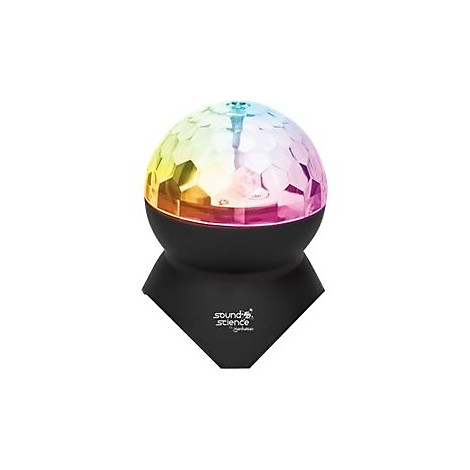 Eine schwarze Disco-Lichtkugel mit facettierter, regenbogenfarbener Kuppel auf schwarzem Standfuß mit Firmenlogo.