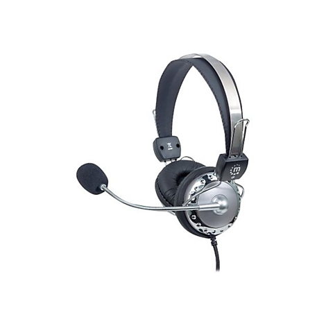 Schwarzes Headset mit silbernen Akzenten und schwenkbarem Mikrofon vor weißem Hintergrund.