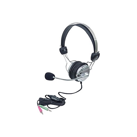 Schwarzes Stereo-Headset mit verstellbarem Kopfbügel, Mikrofonarm und Kabel mit zwei 3,5-mm-Klinkensteckern.