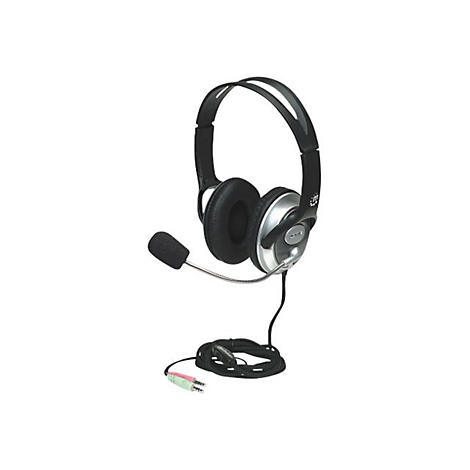 Schwarzes PC-Headset mit Kopfbügel, gepolsterten Ohrmuscheln und schwenkbarem Mikrofon vor weißem Hintergrund.
