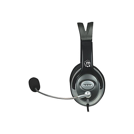 Schwarzes Headset mit Mikrofonarm und weißem Logo auf weißem Hintergrund.