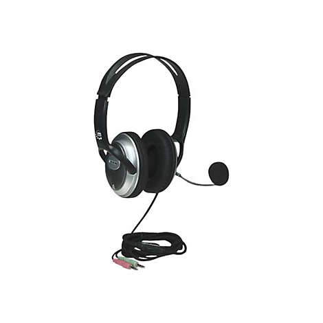 Schwarzes Headset mit silbernen Akzenten und Mikrofon vor weißem Hintergrund.